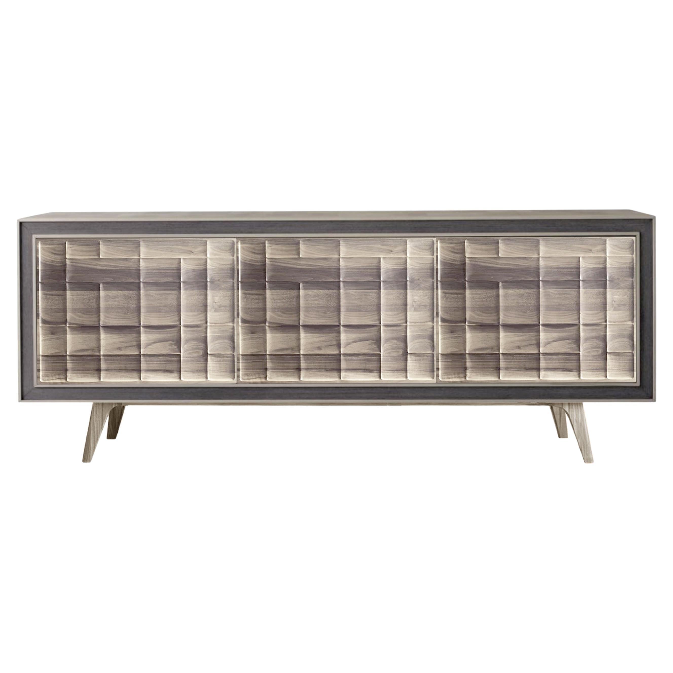 Quadra Scacco Solid Wood Sideboard, Walnut in Natural Grey Finish, Contemporary For Sale