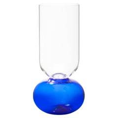Contemporary Blue Flower Glass Blown Cylinder Vase Handcrafted, Natalia Criado