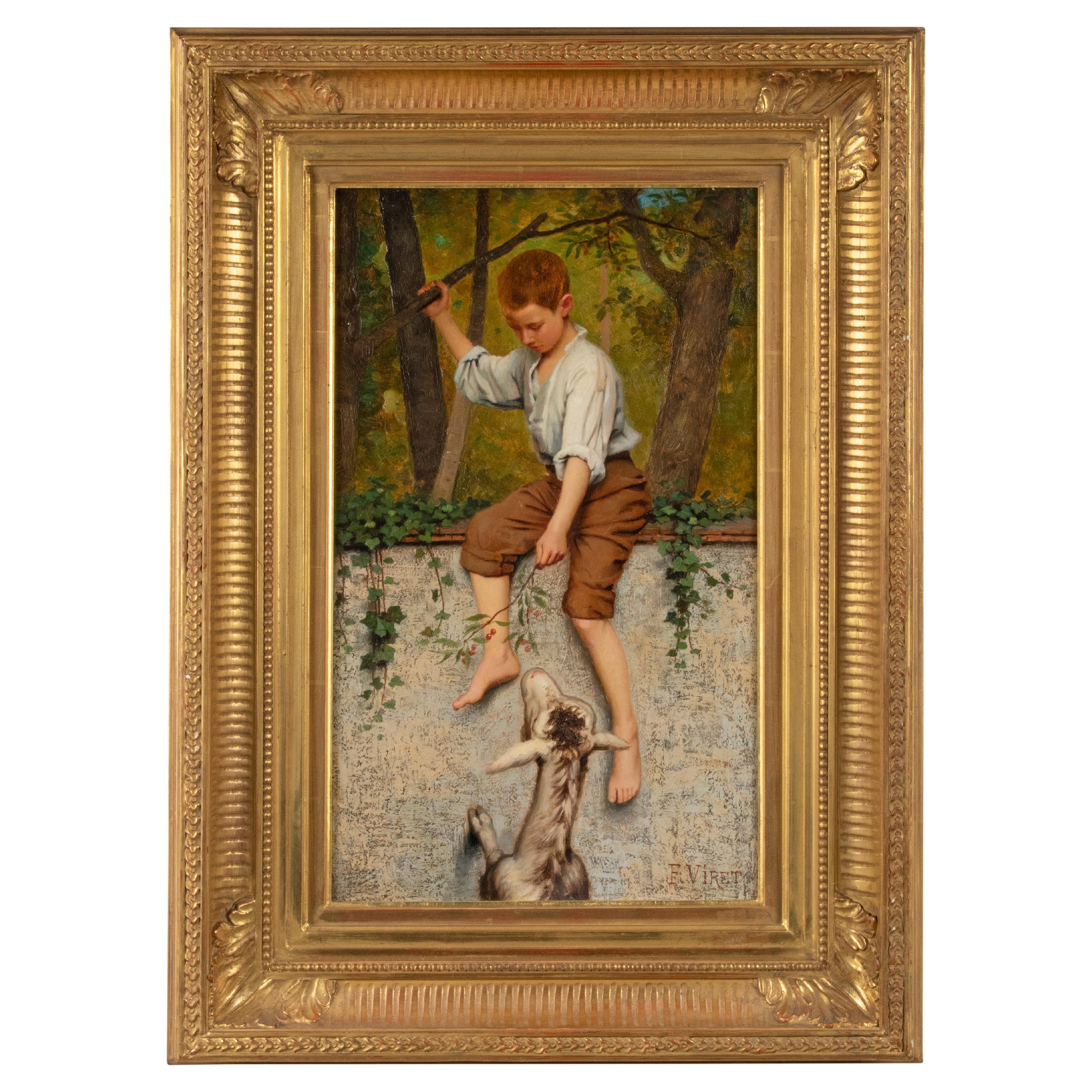 Peinture à l'huile de la fin du 19e siècle Jeune garçon avec une chèvre par Frédéric Viret en vente