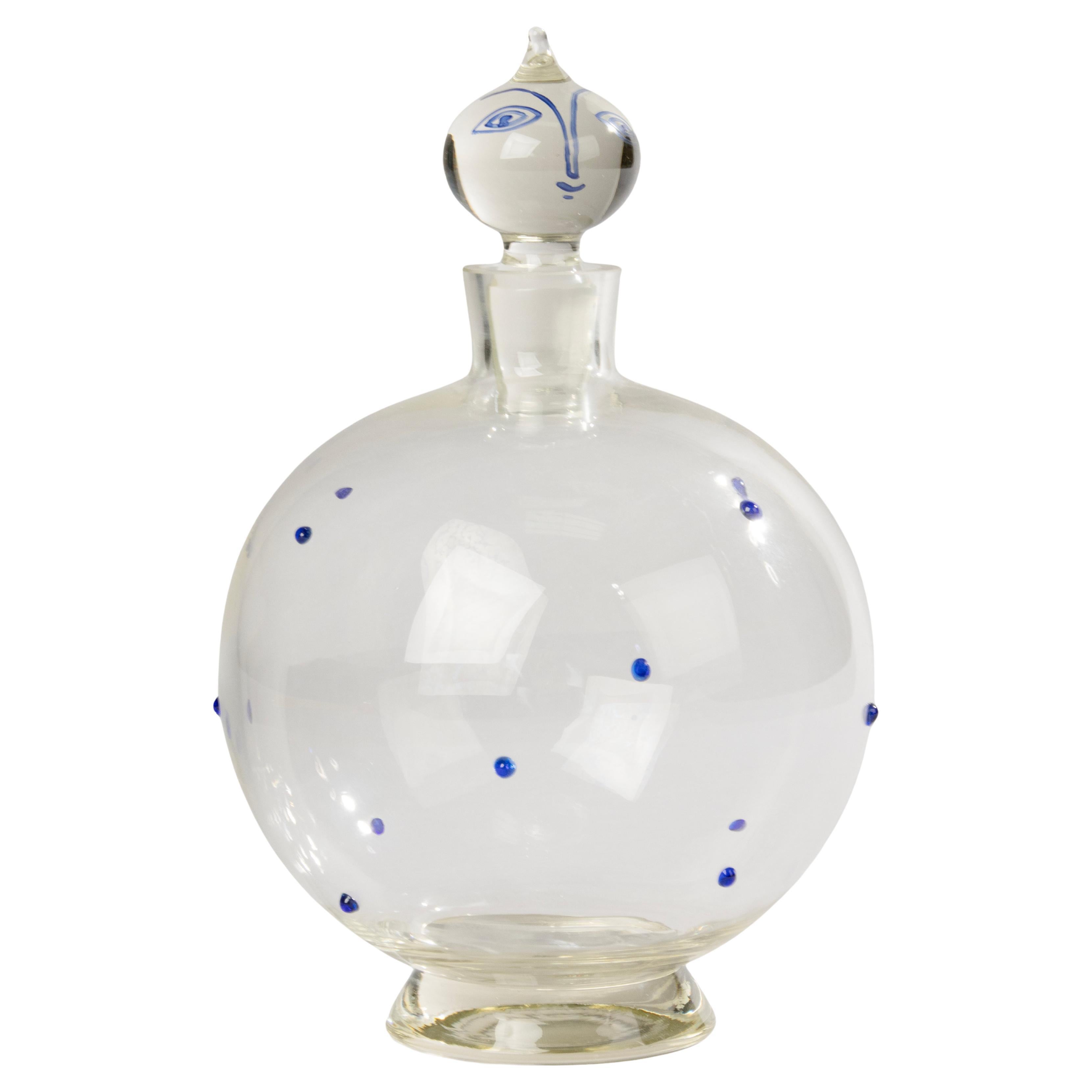 Decanter in vetro dipinto a mano con tappo a forma di faccia, circa 1960