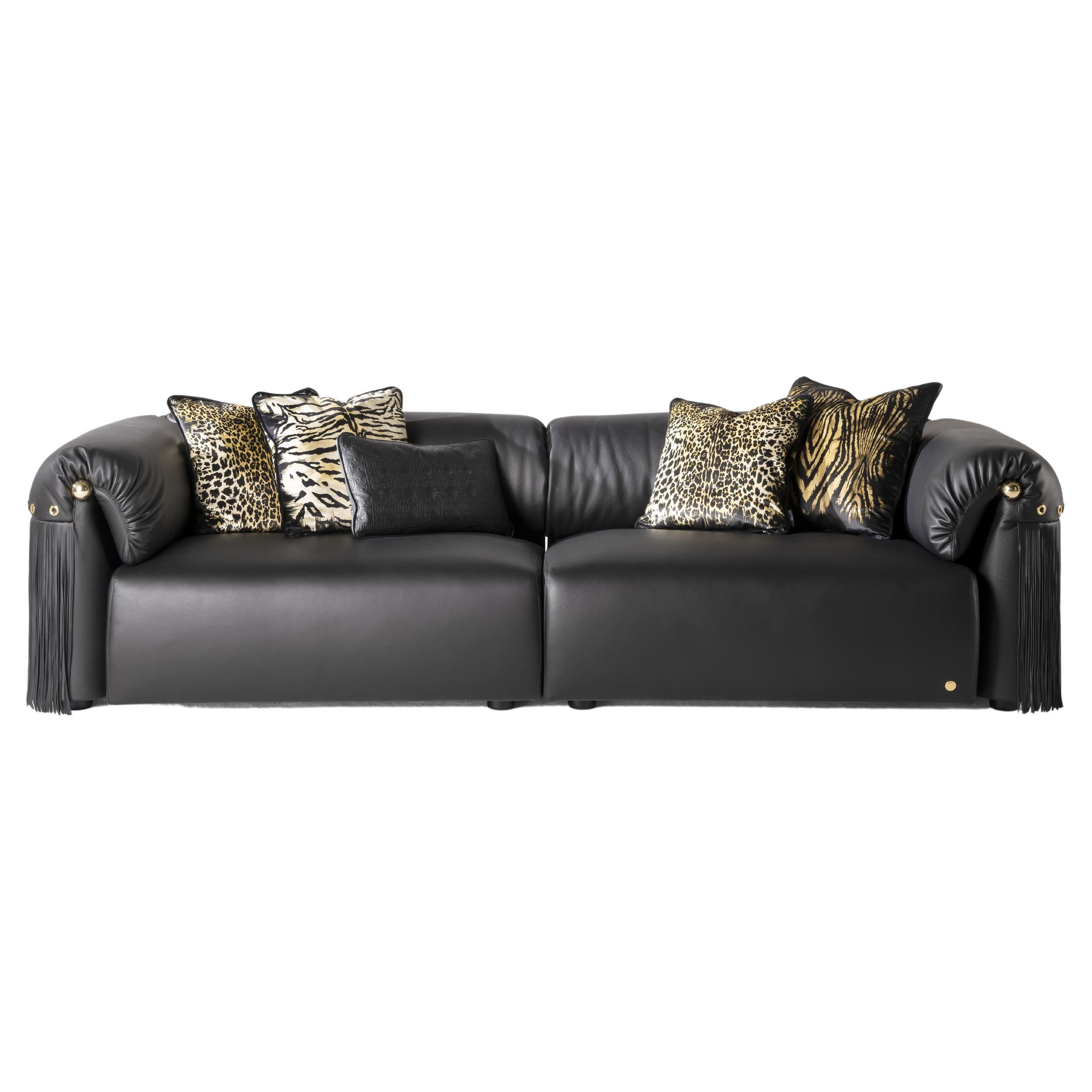 21st Century Malawi Sofa in Black Leather by Roberto Cavalli Home Interiors For Sale