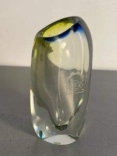 ZPS Clear and Green Art Glass Vase with Abstract Etched Design