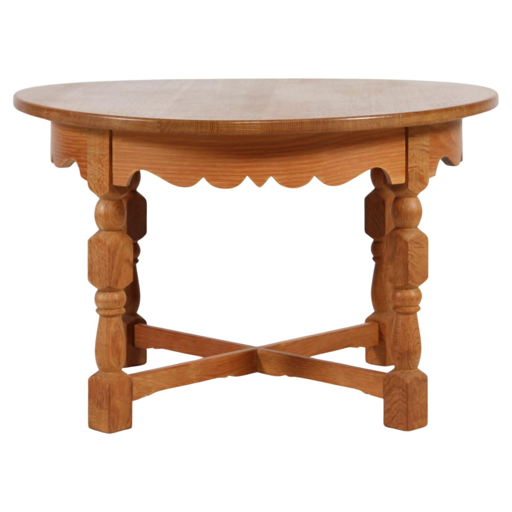 Henning Kjærnulf Style Brutalist Round Coffee Table of Solid Oak 1970s For Sale