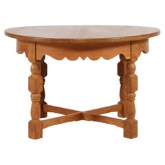 Henning Kjærnulf Style Brutalist Round Coffee Table of Solid Oak 1970s