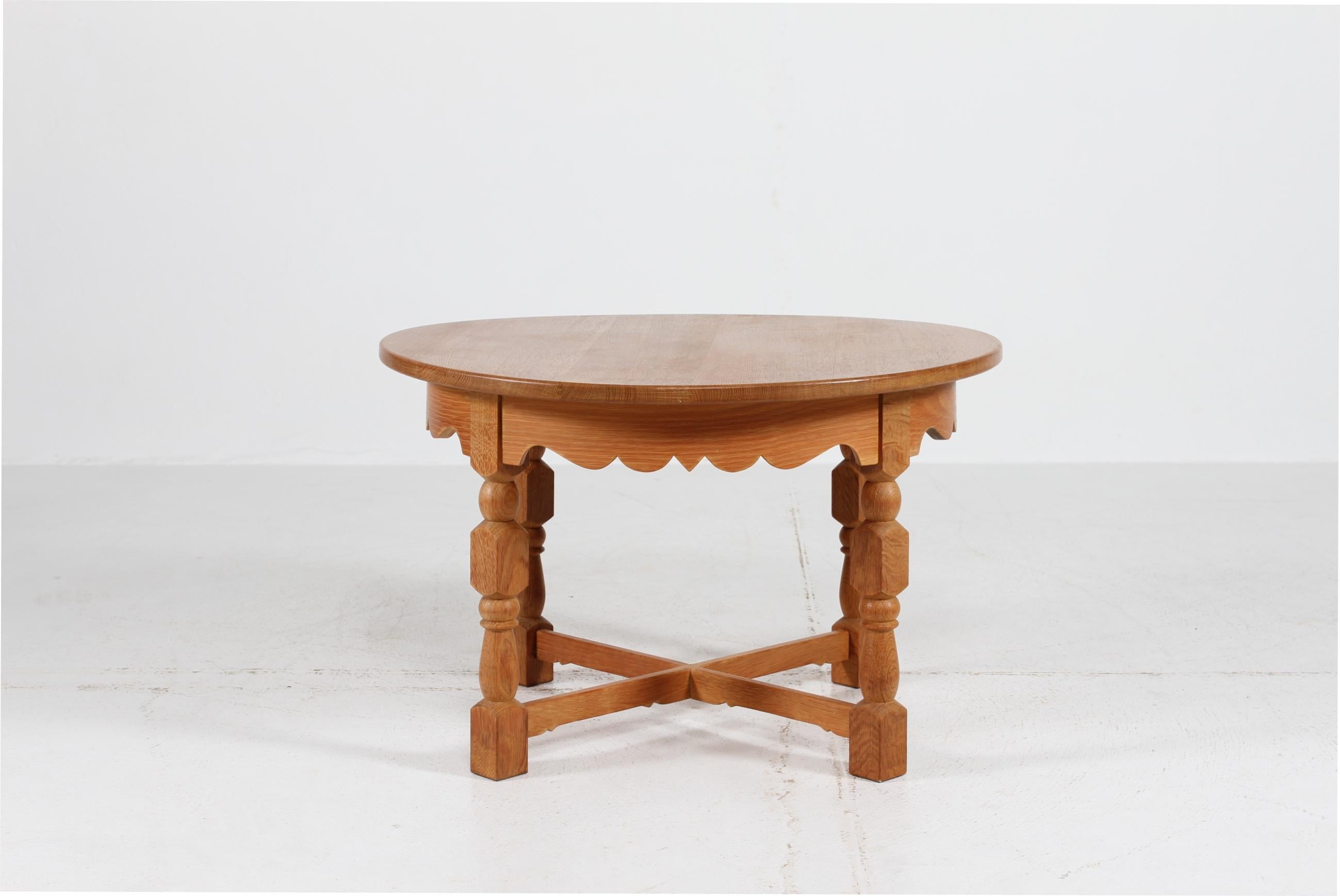 Henning Kjærnulf Style Brutalist Round Coffee Table of Solid Oak 1970s For Sale 3