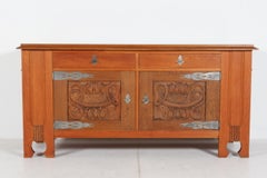 HUGE Danish Brutalist Viking Sideboard of Oak with Wood Carvings 1900-1920