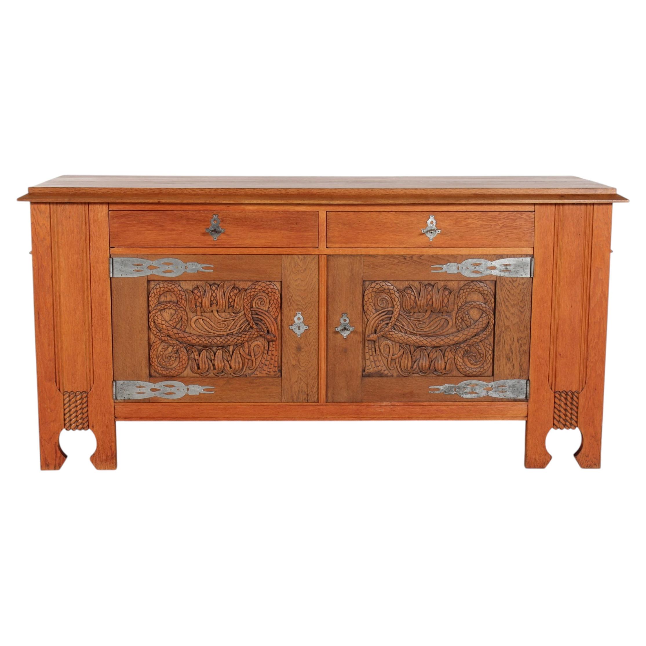 HUGE Danish Brutalist Viking Sideboard of Oak with Wood Carvings 1900-1920 For Sale