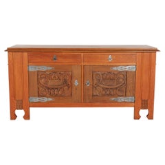 HUGE Danish Brutalist Viking Sideboard of Oak with Wood Carvings 1900-1920