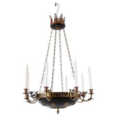 Danish Empire Style Chandelier, Gilded Brass & Black Metal, Late 19th Century