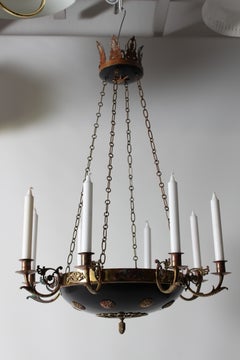 Danish Empire Style Chandelier, Gilded Brass & Black Metal, Late 19th Century