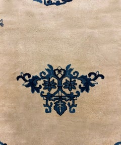 1920s Cream Medallion Geometric Knotted Wool Antique Chinese Peking Carpet Rug