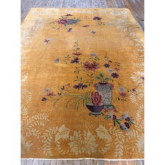 1920s Antique Yellow Field Flowers Border Knotted Chinese Art Deco Carpet Rug