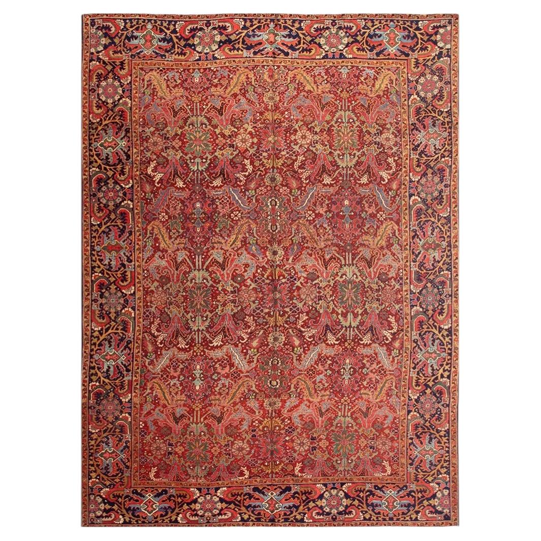 1890s Red Ground Geometric Antique Heriz Handknotted Room Size Rug For Sale