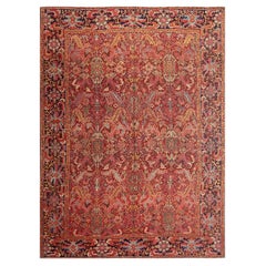 1890s Red Ground Geometric Antique Heriz Handknotted Room Size Rug