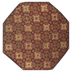 1840s Burgundy Ground Floral Antique European Neoclassical Aubusson Round Rug