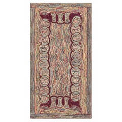 1880s Small Multi Geometric Folk Art Antique American Knotted Wool Hooked Rug