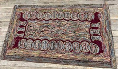 1880s Small Multi Geometric Folk Art Antique American Knotted Wool Hooked Rug