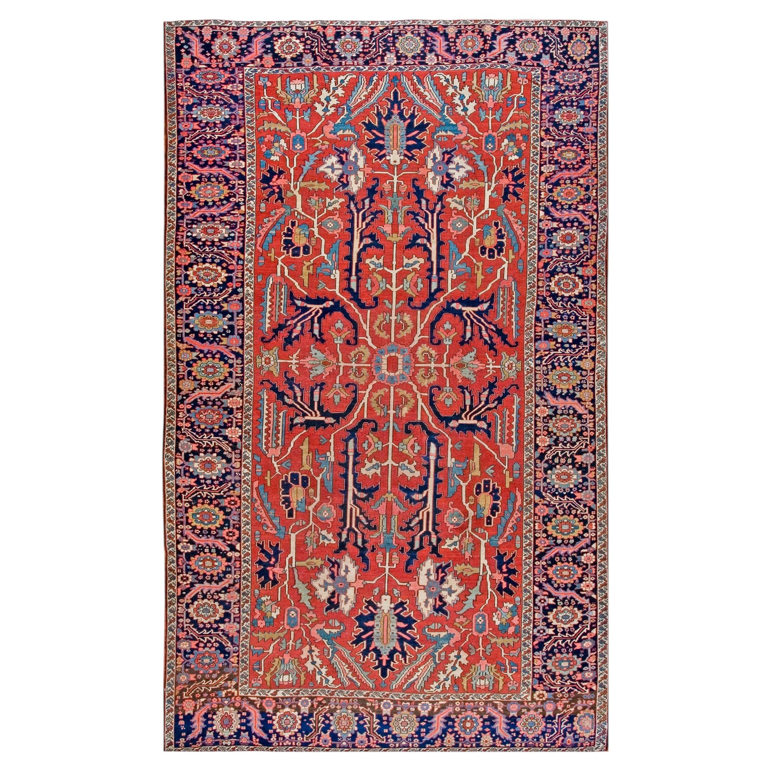 1900s Red Antique Tribal Geometric Allover Design Heriz Serapi Room Size Rug
