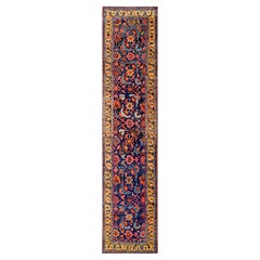 1900s Classic Blue Mahi- Herati Geometric Antique Bidjar Hallway Runner Rug