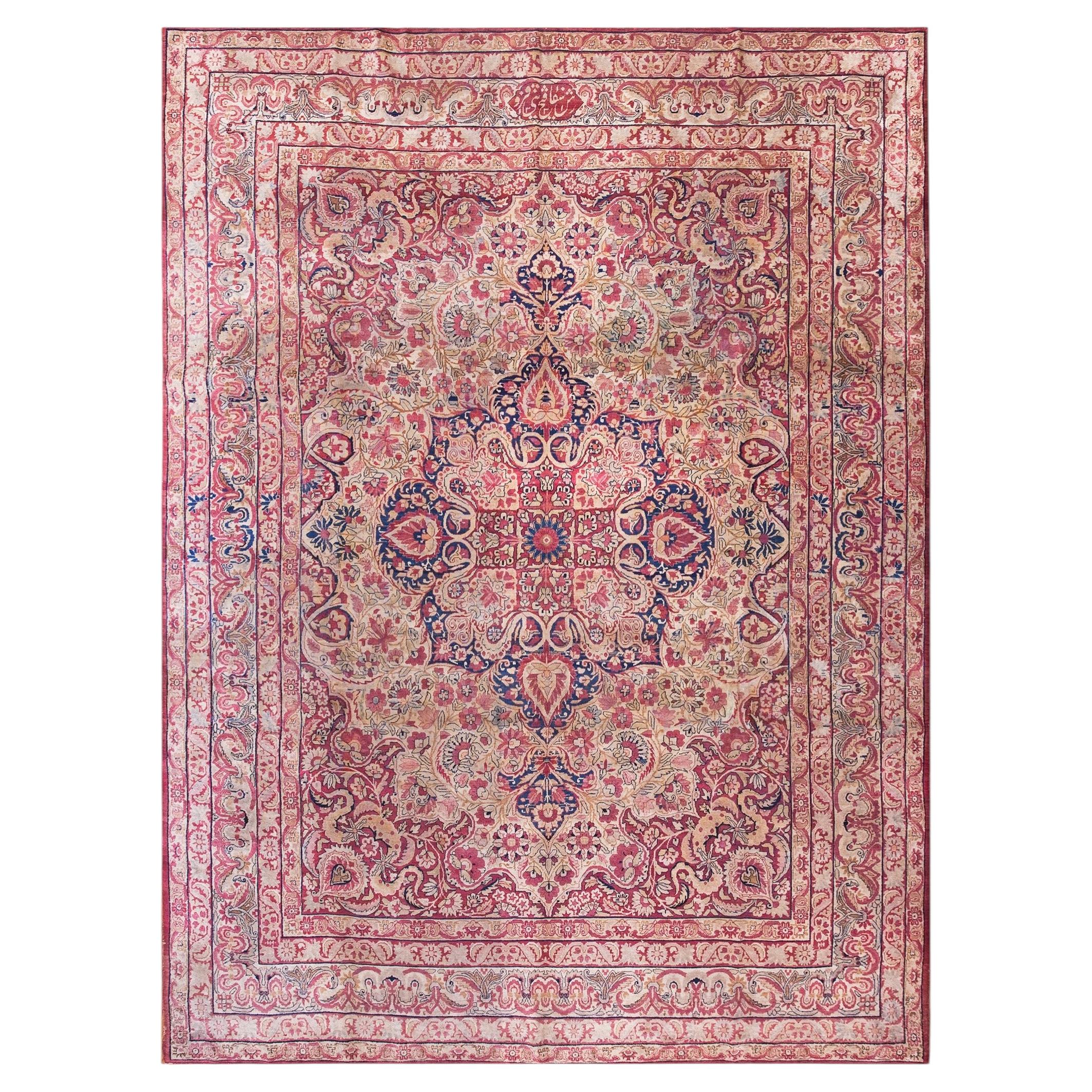 Classic Floral Medallion Fine 1900s Antique Kerman Lavar Room Size Rug