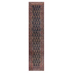 Tappeto da corridoio in stile tribale malese con motivi Paisley e Boteh, blu navy, d'epoca, anni '1900