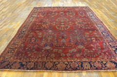 1920s Red Rust Field Shah Abbas Floral Antique Sarouk Farahan Knotted Wool Rug