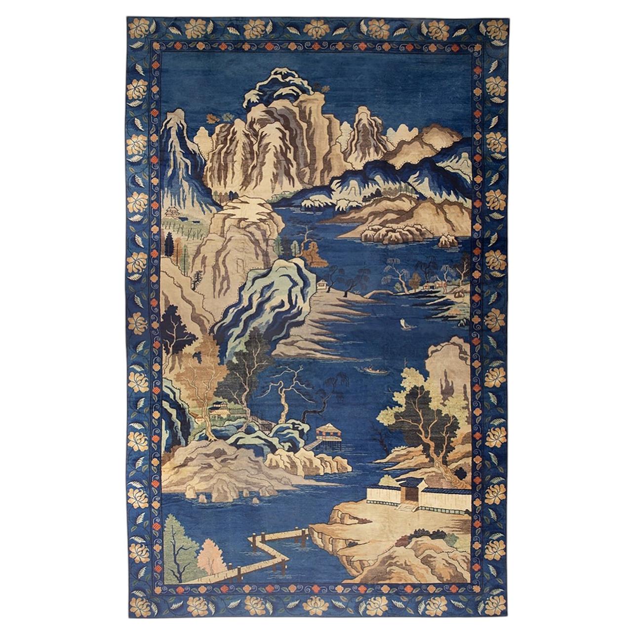 1920s Blue Grand Scale Antique Chinese Peking Scenic Pictorial Wool Gallery Rug