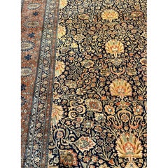 1890s Navy Blue Classic Traditional Luxury Antique Kashan Mohtasham Gallery Rug
