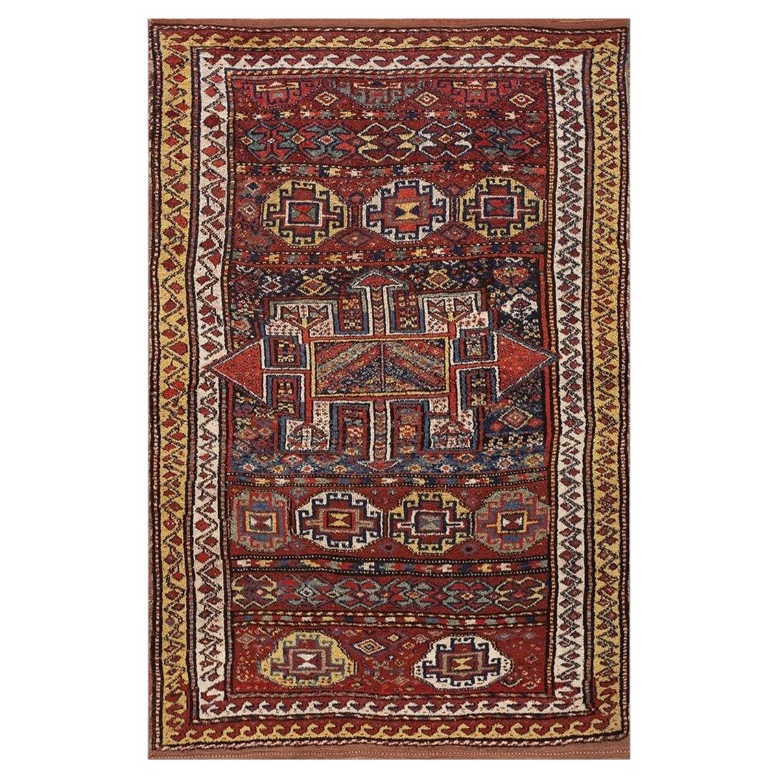 1890s Antique Red Quchan Kurdish Geometric Tribal Knotted Wool Small Rug For Sale