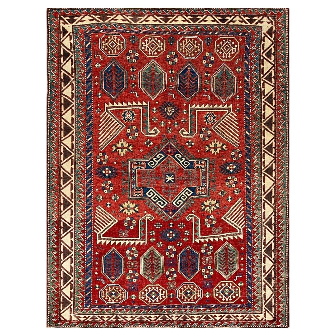 1900s Red Vibrant Field Antique Caucasian Tribal Geometric Akstafa Kazak Rug