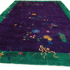 1920s Purple Open Field Floral Antique Chinese Art Deco Rug by Nichols Workshop