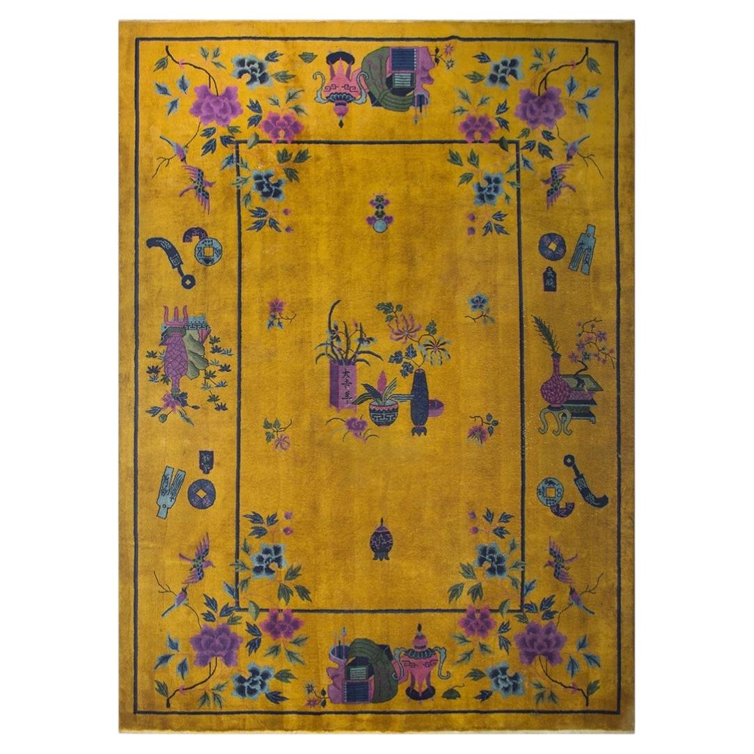 1920s Bold Yellow Floral Modernist Antique Chinese Art Deco Knotted Rug Carpet