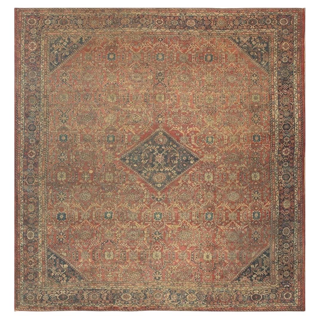 1890s Red Field Medallion Large Scale Antique Sultanabad Knotted Wool Rug