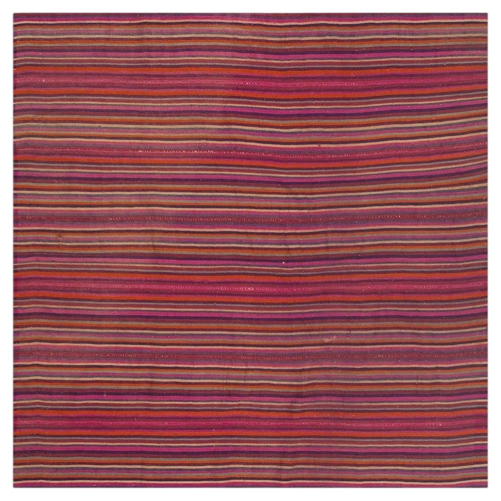 1950s Pink Stripe Vintage Flatweave Modern Turkish Decorative Kilim Square Rug