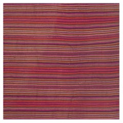 1950s Pink Stripe Vintage Flatweave Modern Turkish Decorative Kilim Square Rug