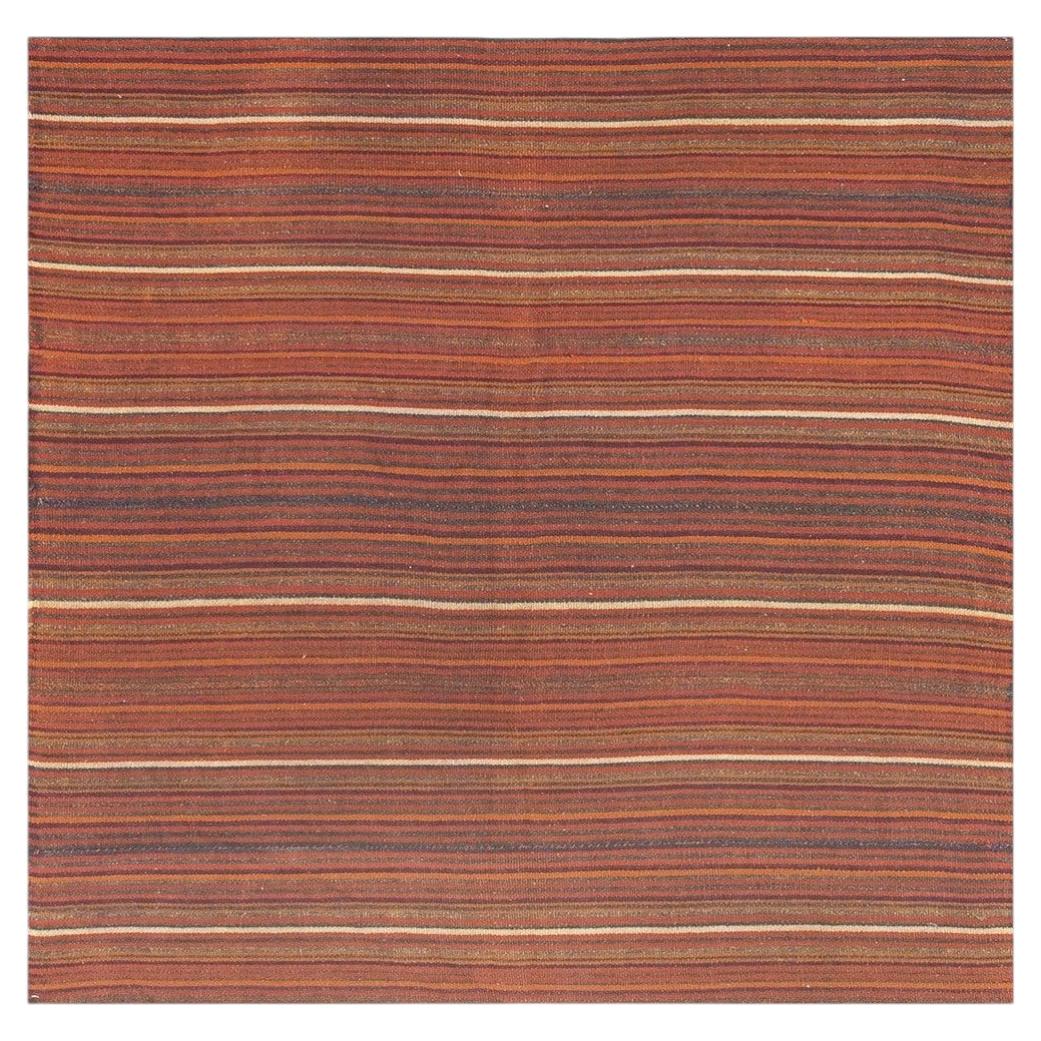 1950s Vintage Turkish Kilim Square Stripe Geometric Flatwoven Wool Rug