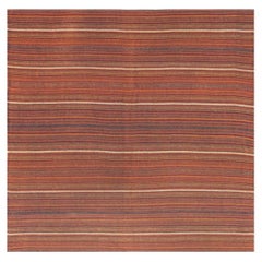 1950s Vintage Turkish Kilim Square Stripe Geometric Flatwoven Wool Rug