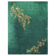 Antique Green Field Chinese Room Size Knotted Wool 1930s Rectangle Art Deco Rug