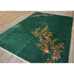 Antique Green Field Chinese Room Size Knotted Wool 1930s Rectangle Art Deco Rug