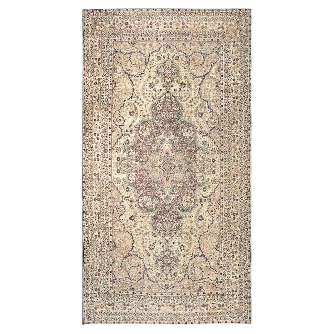 1880s Ivory Antique Classic Floral Medallion Design Fine Kerman Oversized Rug For Sale