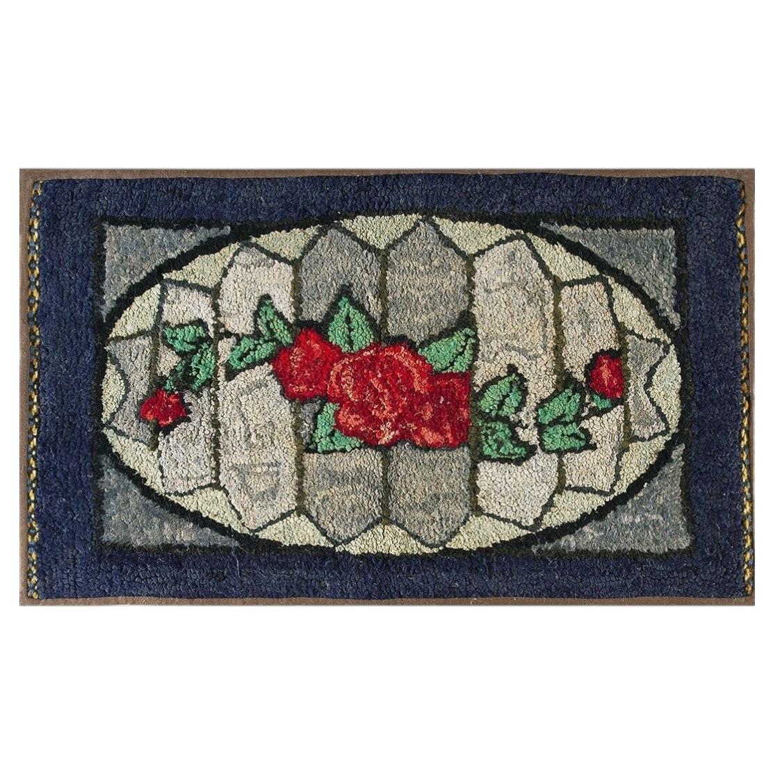 1890s Gray Blue Medallion Folk Art Antique American Hooked Woven Wool Small Rug