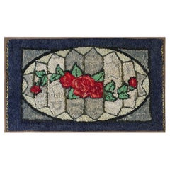 1890s Gray Blue Medallion Folk Art Antique American Hooked Woven Wool Small Rug