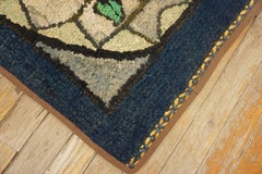 1890s Gray Blue Medallion Folk Art Antique American Hooked Woven Wool Small Rug
