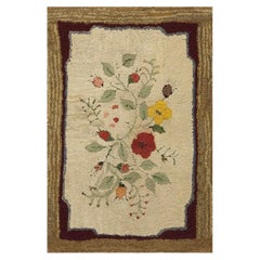 Allover Floral 1930s American Hooked Antique Beige Folk Art Woven Wool Rug