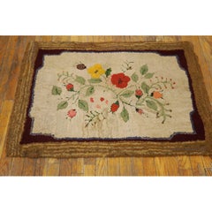 Allover Floral 1930s American Hooked Antique Beige Folk Art Woven Wool Rug