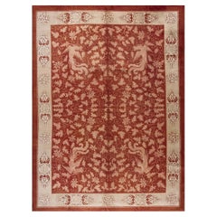 1920s Red Rust Birds Shou Symbols Modern Room Size Antique Chinese Art Deco Rug