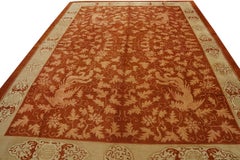 1920s Red Rust Birds Shou Symbols Modern Room Size Antique Chinese Art Deco Rug