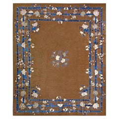 1920s Minimalist Open Brown Field Floral Chinese Room Size Peking Wool Rug