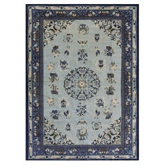 1890s Antique Sky Blue Medallion Greek Key Knotted Wool Rectangle Room Size Rug