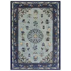 1890s Antique Sky Blue Medallion Greek Key Knotted Wool Rectangle Room Size Rug